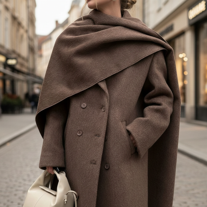 a brown long coat with a cape overlay and structured neckline, embodying refined style for fall and winter
