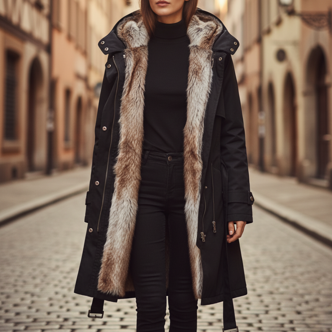  A woman wearing a black coat with a fur collar, good for polished fall and winter outfits.
