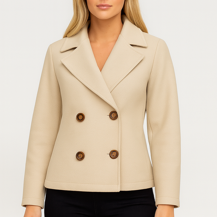 Wool-blend double-breasted peacoat with wide lapel collar and button closure