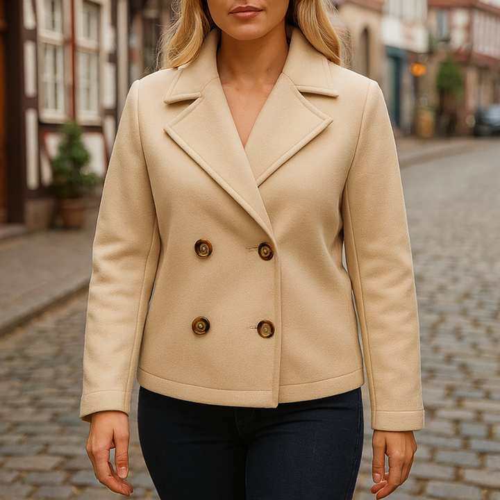 Wool-blend double-breasted peacoat with wide lapel collar and button closure