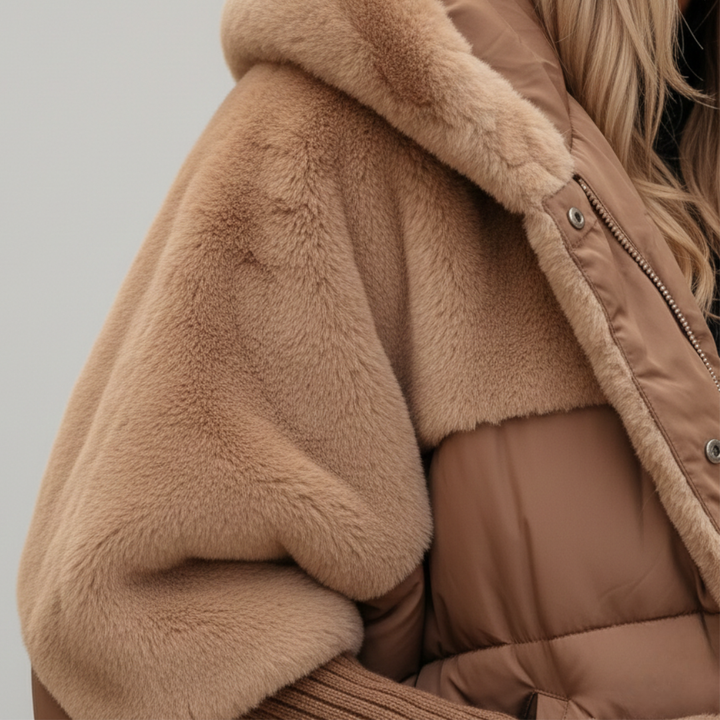 Close up details of a brown coat, showcasing a stylish winter outfit suitable for cooler weather.