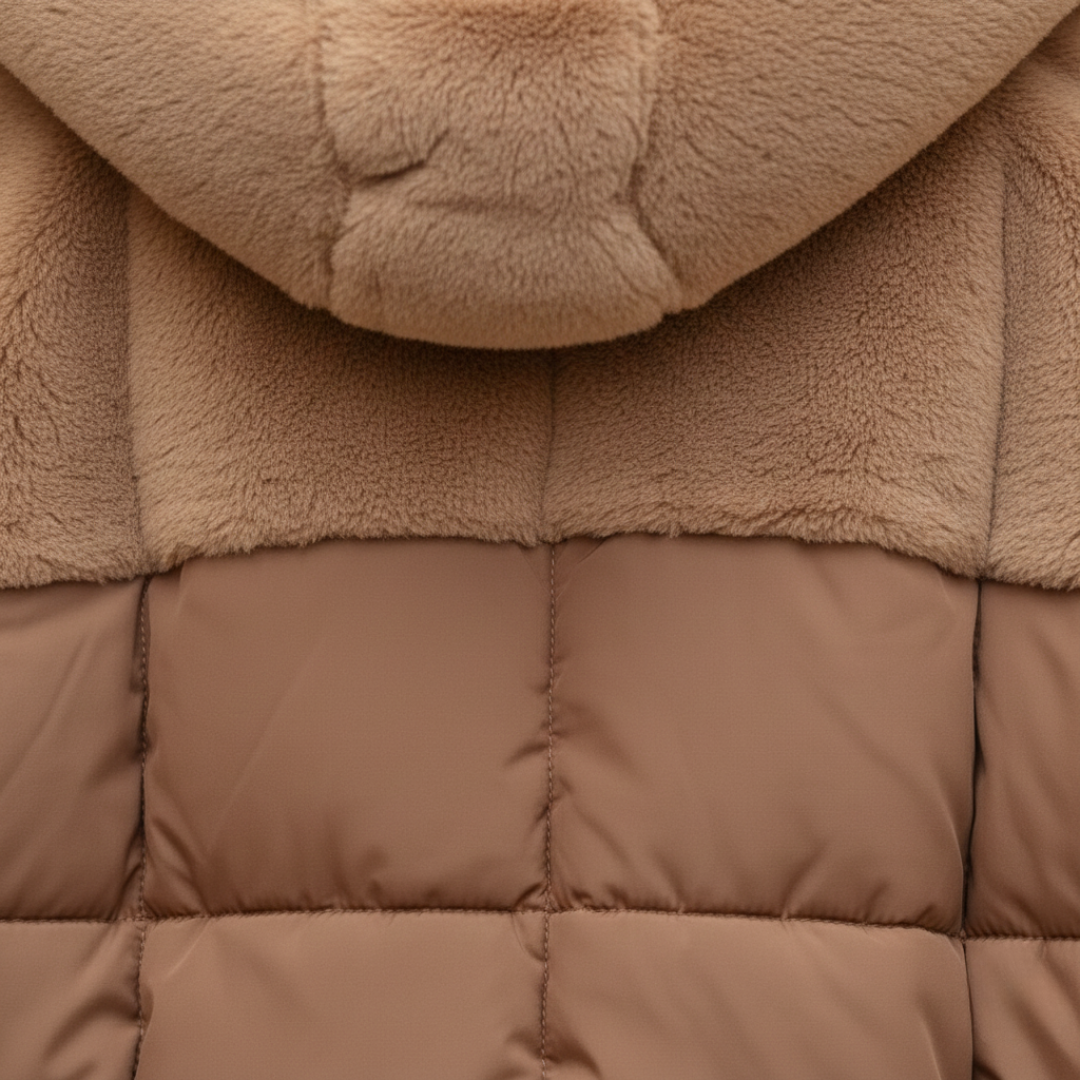 Close up details of a brown coat, showcasing a stylish winter outfit suitable for cooler weather.