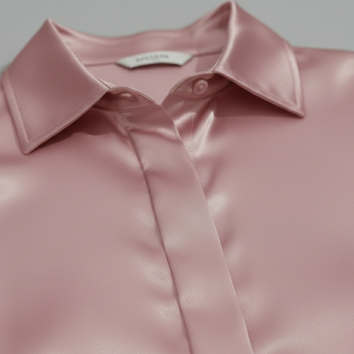 Close-up look of a pink satin blouse with a collared neckline and long sleeves