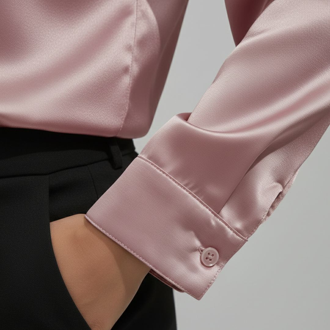 Close-up look of a pink satin blouse with a collared neckline and long sleeves.