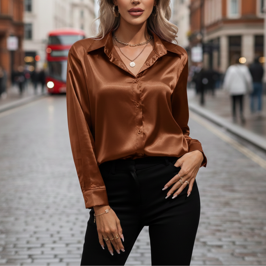 a woman wearing a brown satin blouse with a collared neckline and long sleeves, paired with black pants for a chic look.