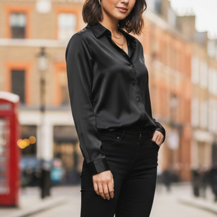 a woman wearing a black satin blouse with a collared neckline and long sleeves, paired with black pants for a chic look.