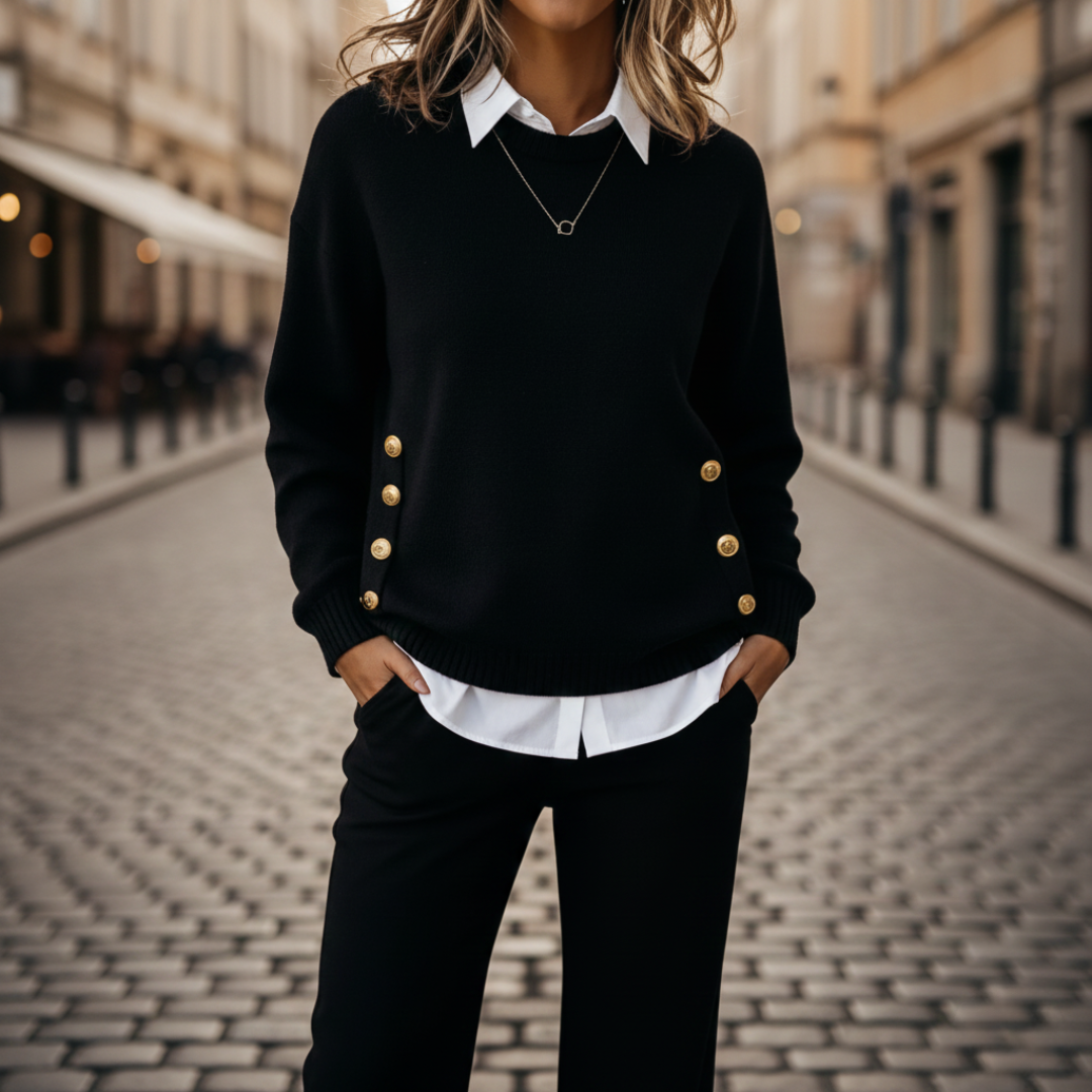 Coordinated black sweater and pants set featuring gold-tone buttons.