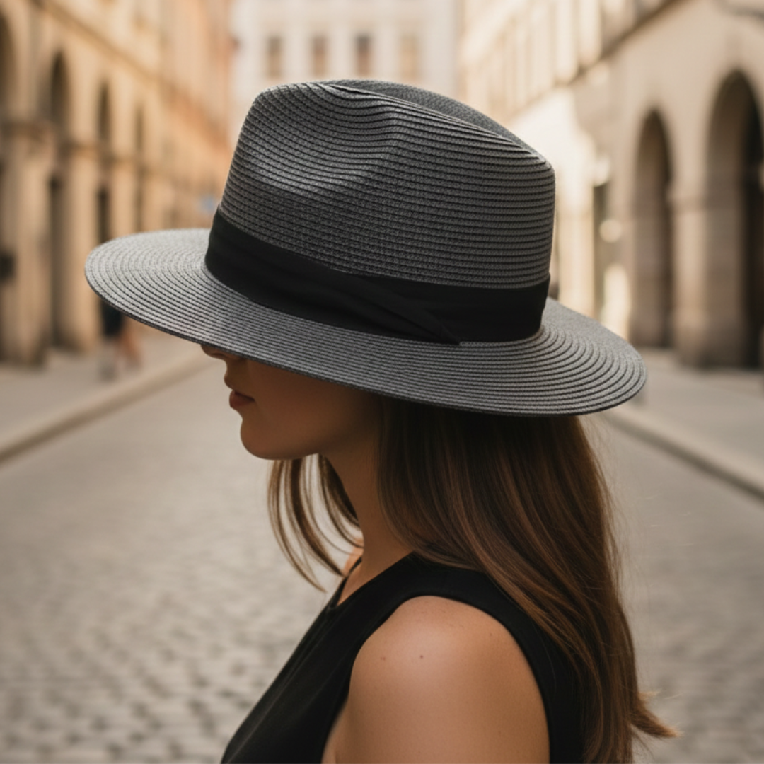 Straw hat with a pinched crown and medium-width brim, featuring a black grosgrain ribbon band for a polished look.