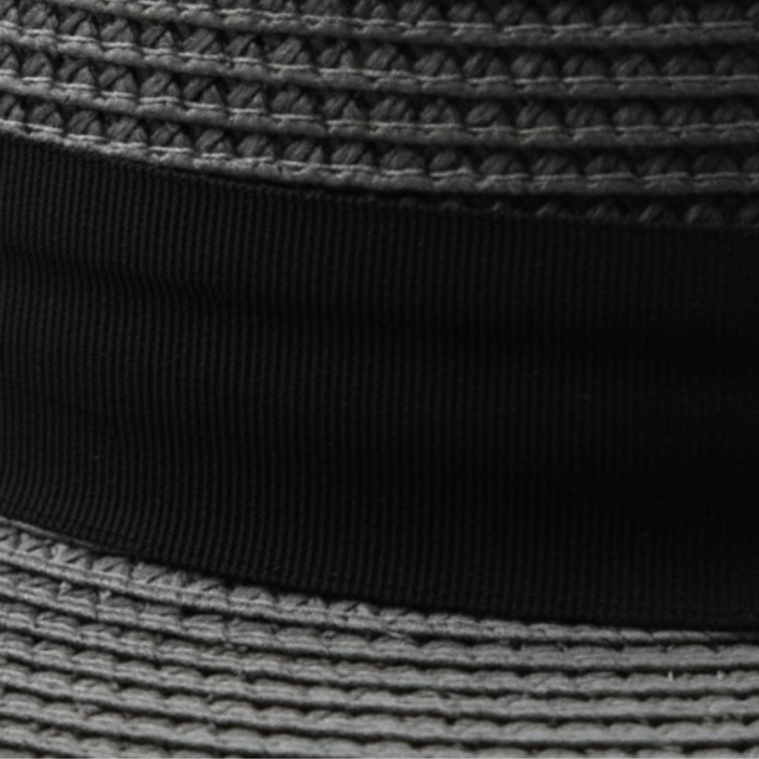Straw hat with a pinched crown and medium-width brim, featuring a black grosgrain ribbon band for a polished look.
