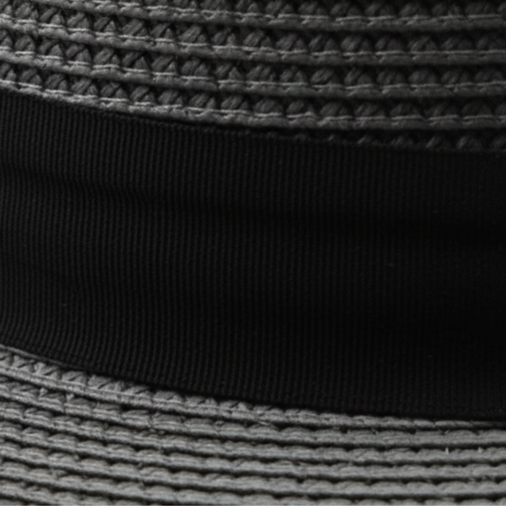 Straw hat with a pinched crown and medium-width brim, featuring a black grosgrain ribbon band for a polished look.