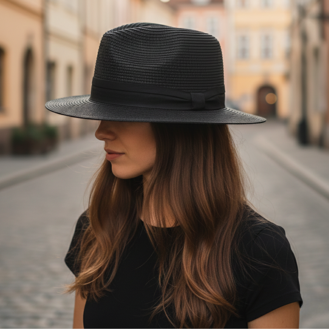 Straw hat with a pinched crown and medium-width brim, featuring a black grosgrain ribbon band for a polished look.