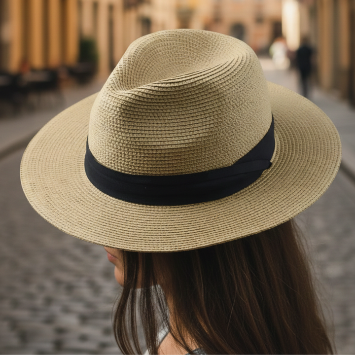 Straw hat with a pinched crown and medium-width brim, featuring a black grosgrain ribbon band for a polished look.