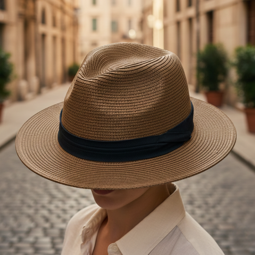 Straw hat with a pinched crown and medium-width brim, featuring a black grosgrain ribbon band for a polished look.