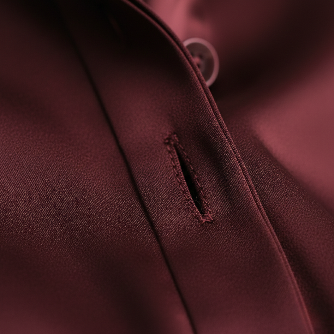 Close-up of a burgundy blouse with a button