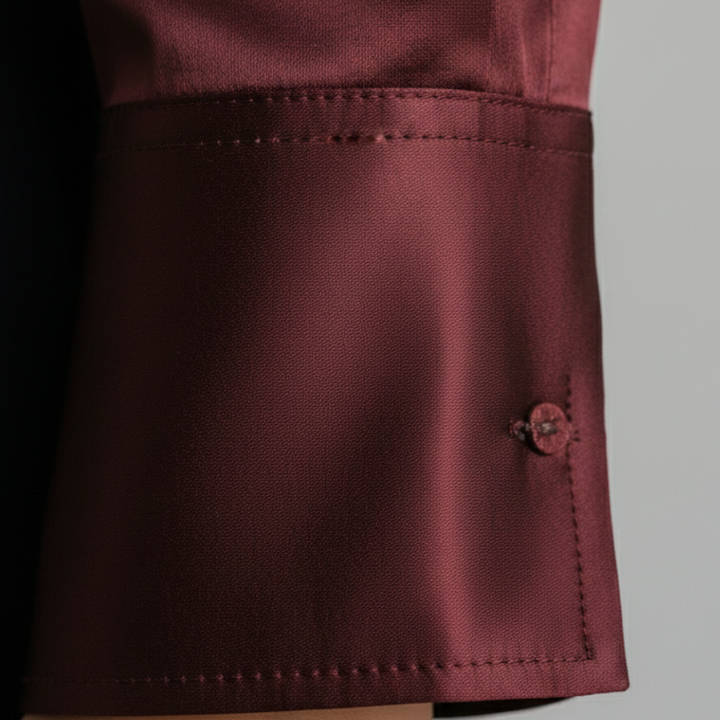 Close-up of a burgundy shirt with a cuff button