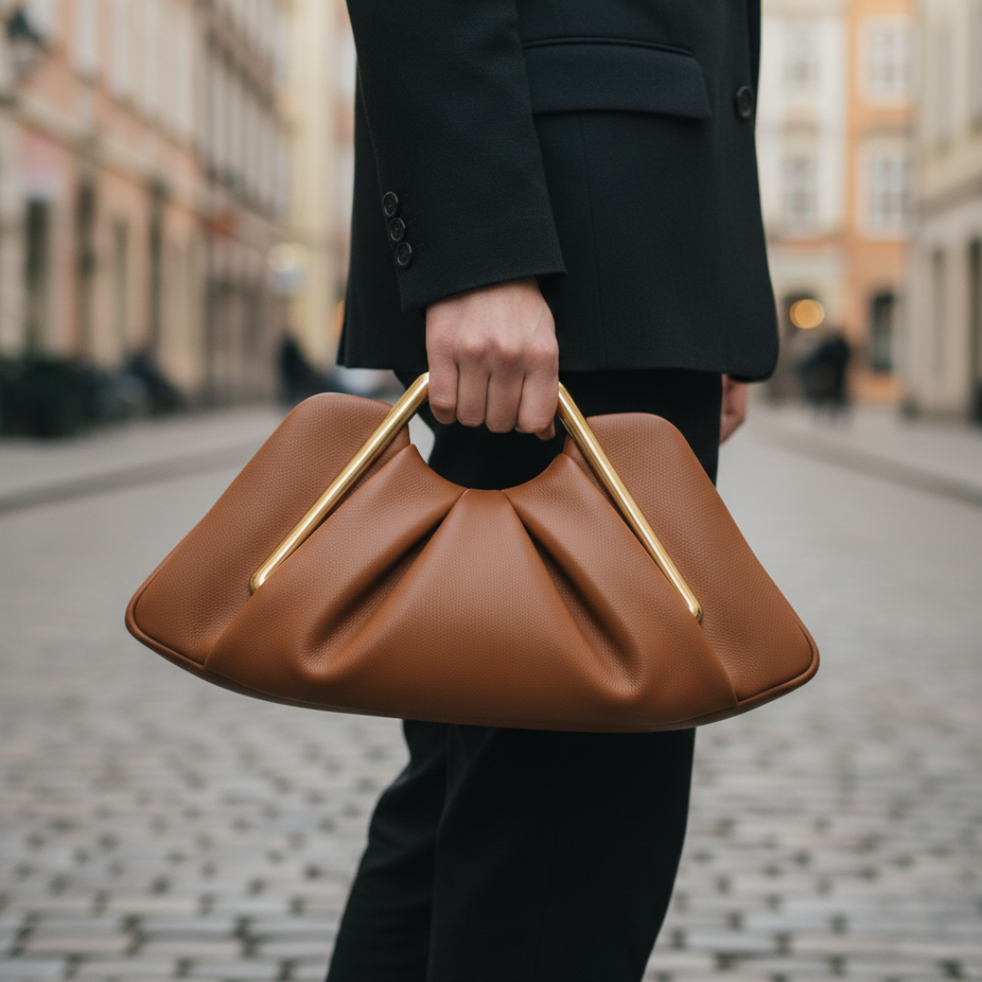Small brown clutch bag with a gold geometric handle, featuring a pleated design and semi-rigid structure for elegant occasions.