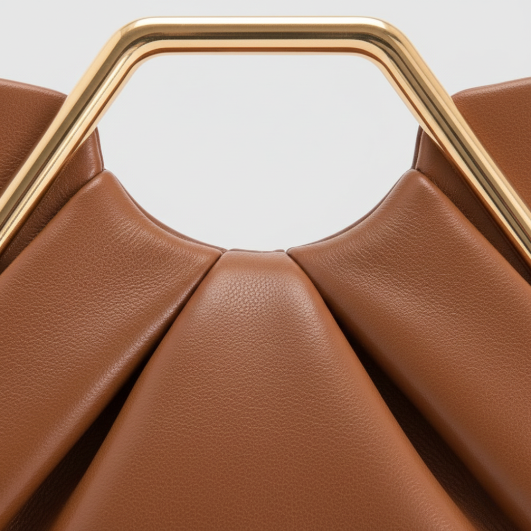Close-up details of brown clutch bag with a gold geometric handle, featuring a pleated design and semi-rigid structure for elegant occasions.