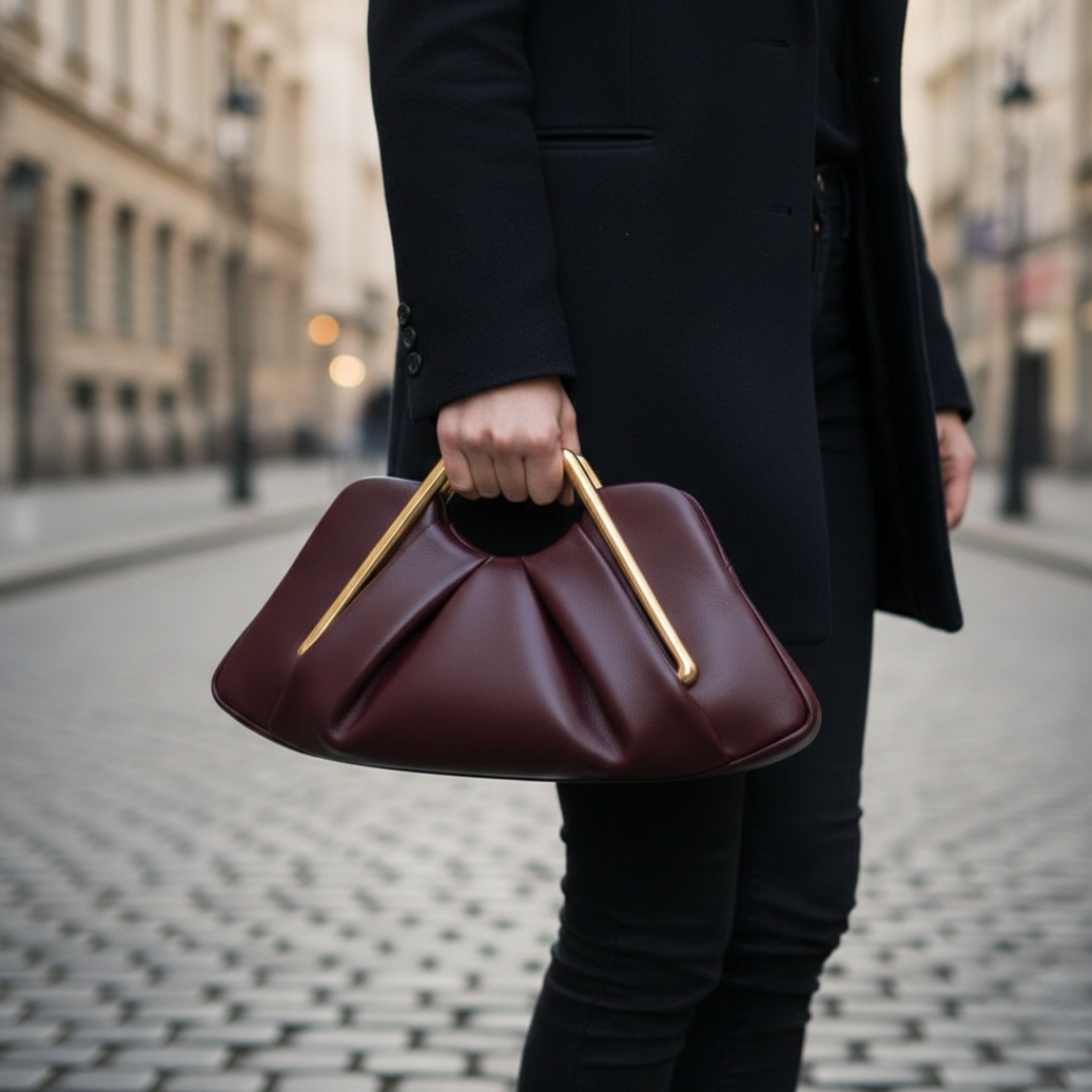 Small dark brown clutch bag with a gold geometric handle, featuring a pleated design and semi-rigid structure for elegant occasions.