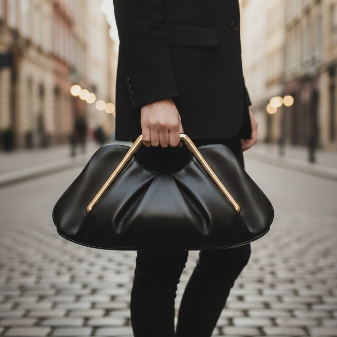 Small black clutch bag with a gold geometric handle, featuring a pleated design and semi-rigid structure for elegant occasions.