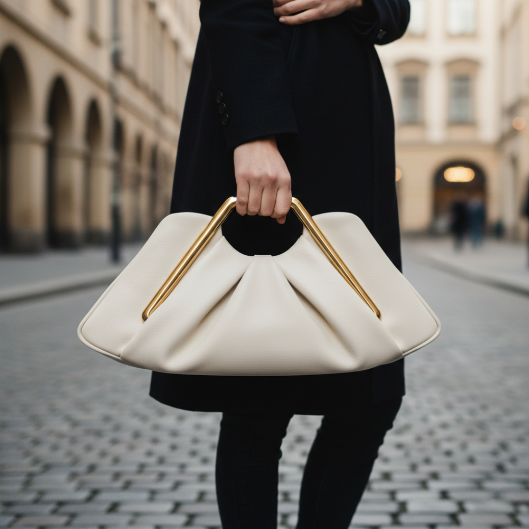 Small beige clutch bag with a gold geometric handle, featuring a pleated design and semi-rigid structure for elegant occasions.