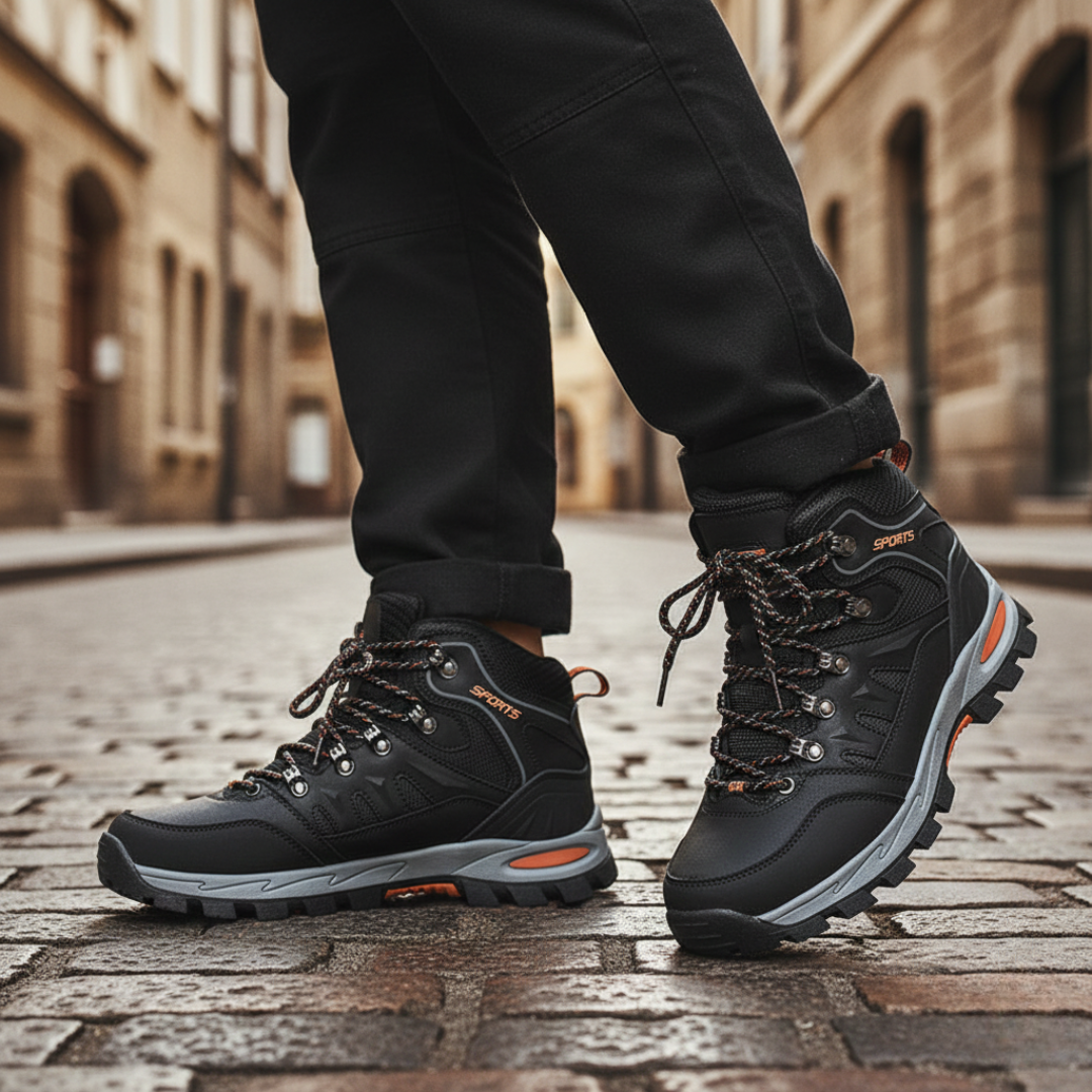 men's hiking boots with orange and black laces for outdoor adventures.