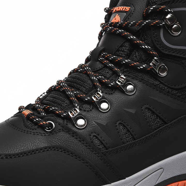 men's hiking boots with orange and black laces for outdoor adventures.