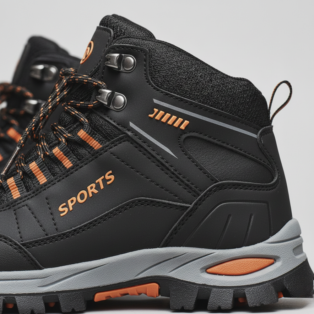 men's hiking boots with orange and black laces for outdoor adventures.