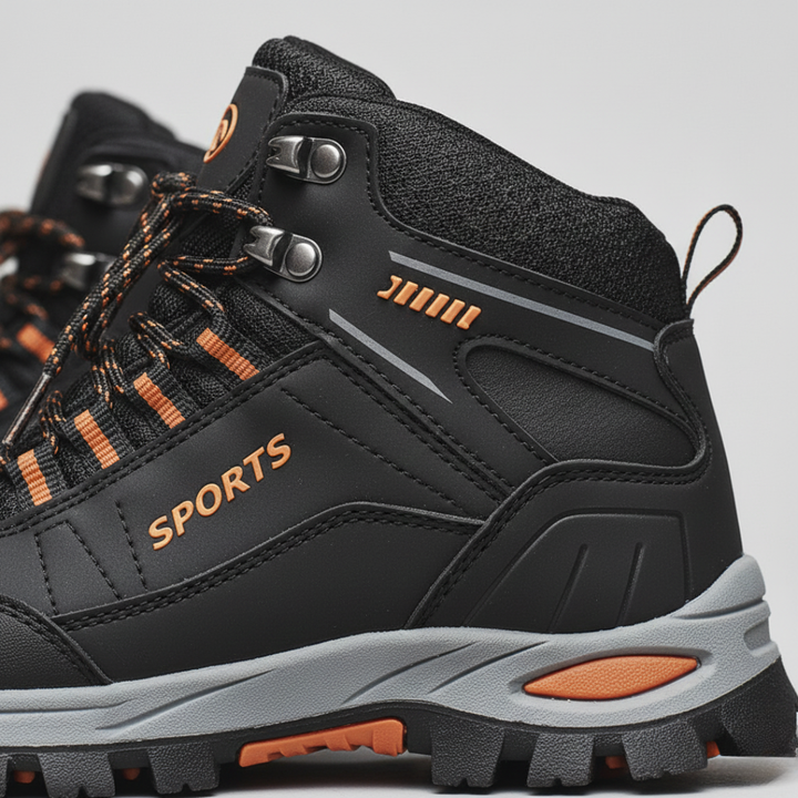 men's hiking boots with orange and black laces for outdoor adventures.