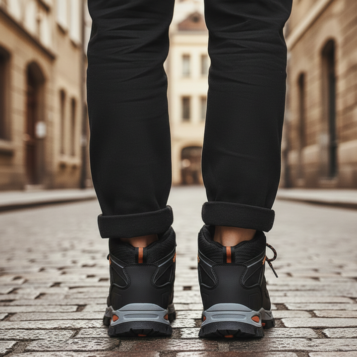 men's hiking boots with orange and black laces for outdoor adventures.