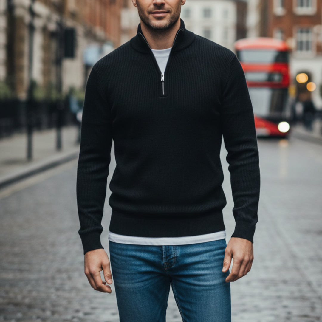 A man wearing a black half-zip sweater, showcasing a casual style for fall and winter.