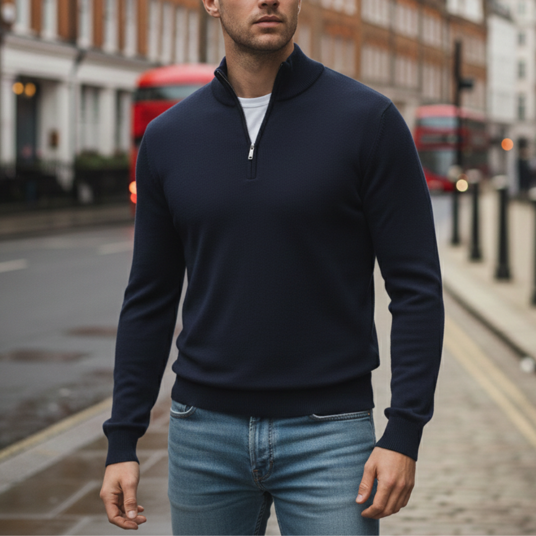 A man wearing a navy half-zip sweater, showcasing a casual style for fall and winter.