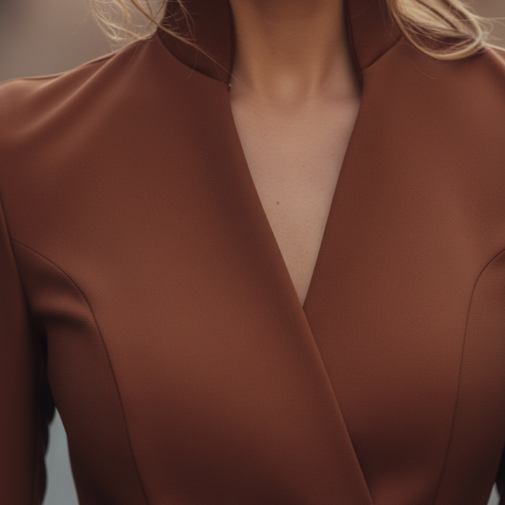 Close up look of a brown midi dress with a V neckline, good for both work and evening events.