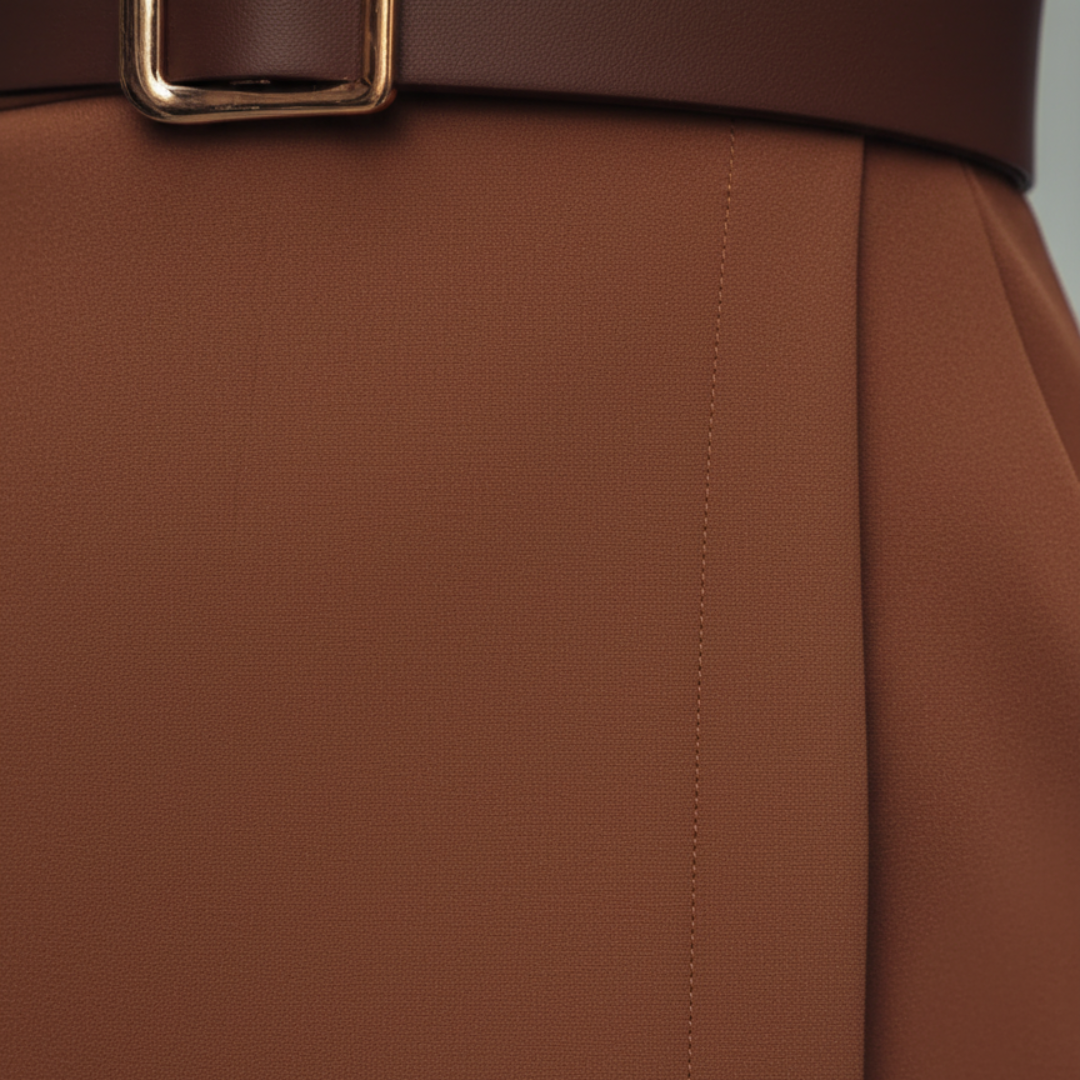 Close-up look of a brown belted midi dress with a V neckline, good for both work and evening events.