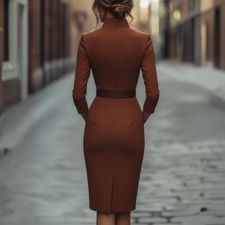 Back details of a woman wearing a brown belted midi dress with a V neckline, good for both work and evening events.