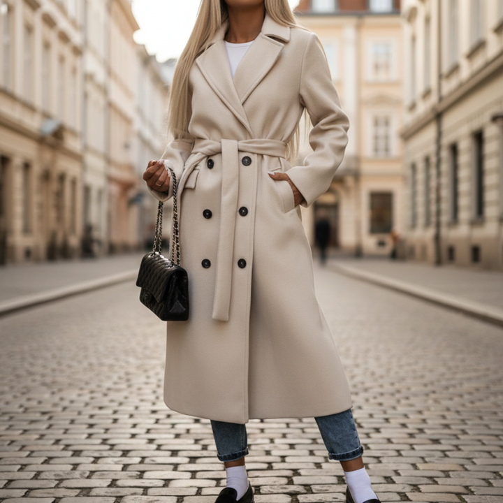 A woman in a beige belted wool coat stands on a cobblestone street, showcasing its tailored fit and elegant silhouette.