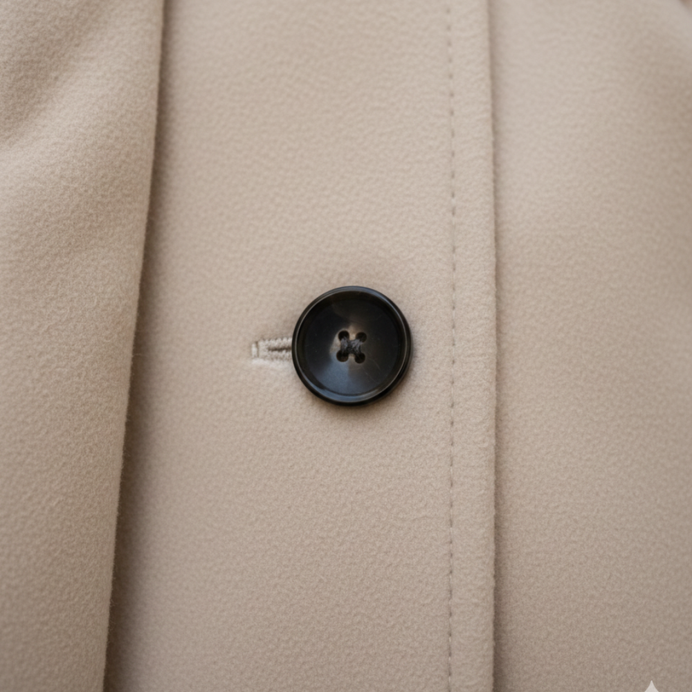 A woman in a belted wool coat stands on a cobblestone street, showcasing its tailored fit and elegant silhouette.