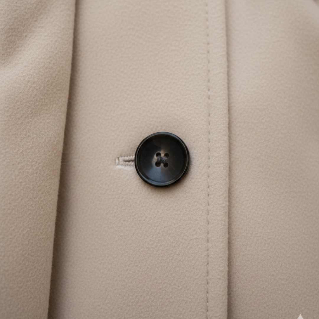 A woman in a belted wool coat stands on a cobblestone street, showcasing its tailored fit and elegant silhouette.