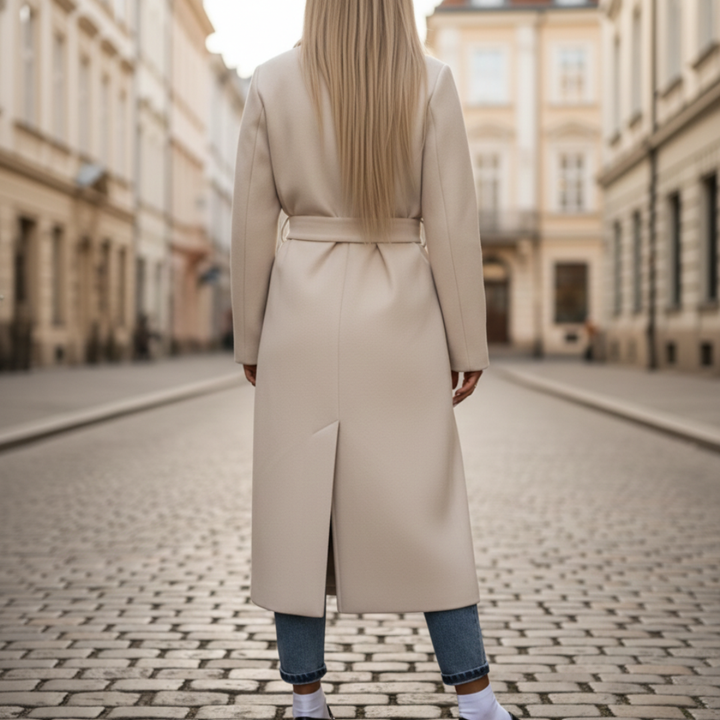 A woman in a belted wool coat stands on a cobblestone street, showcasing its tailored fit and elegant silhouette.