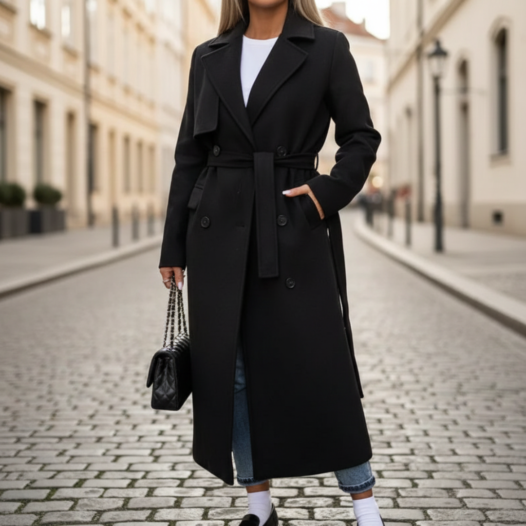 A woman in a belted wool coat stands on a cobblestone street, showcasing its tailored fit and elegant silhouette.