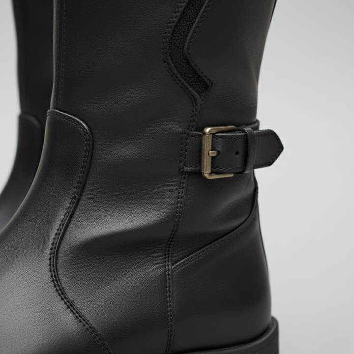 A pair of black knee-high riding boots with a smooth leather finish and an adjustable buckle detail for added elegance.