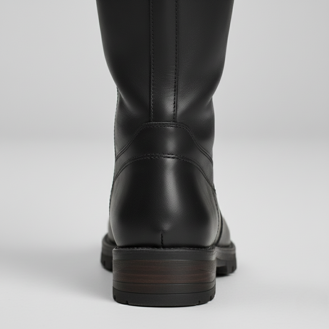 A pair of black knee-high riding boots with a smooth leather finish and an adjustable buckle detail for added elegance.