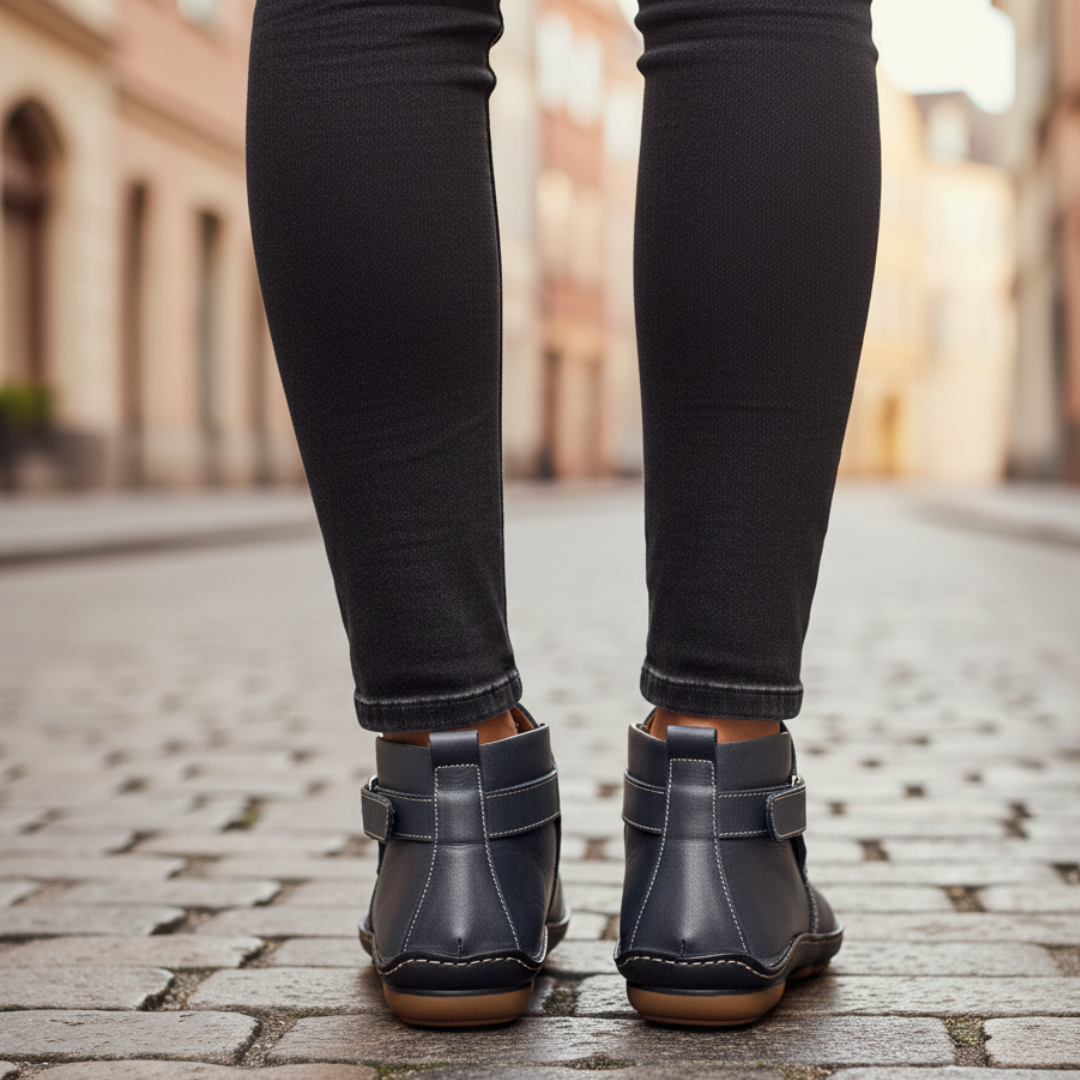  Women's leather ankle boots with buckles, featuring a rounded toe and low heel.