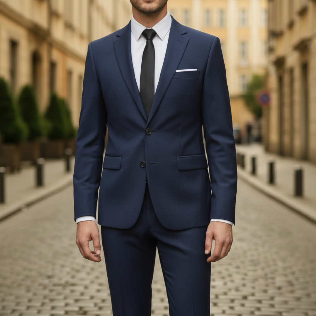 A man in a tailored blue suit stands confidently on a cobblestone street, showing elegance and modern style.

