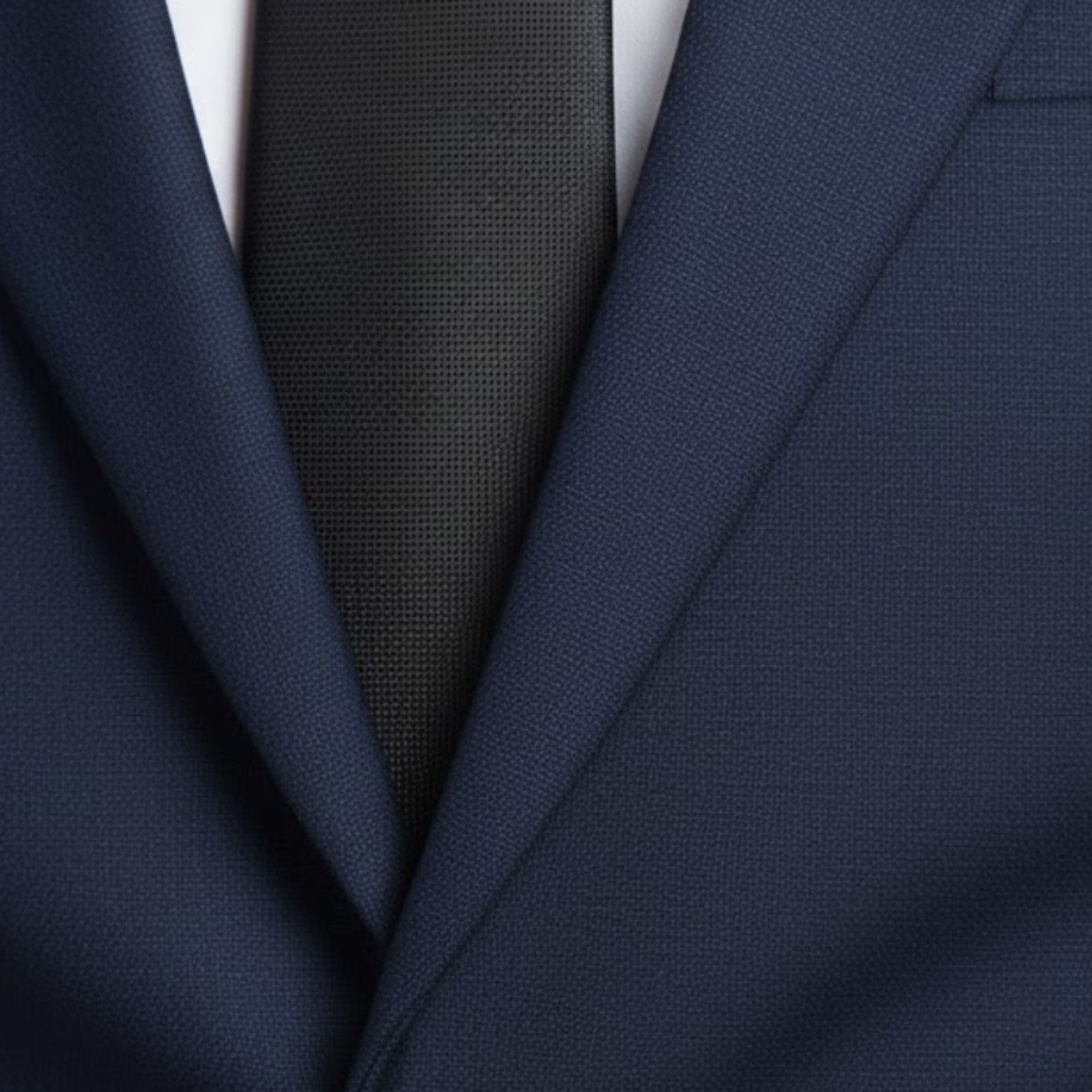 A man in a tailored blue suit stands confidently on a cobblestone street, showing elegance and modern style.

