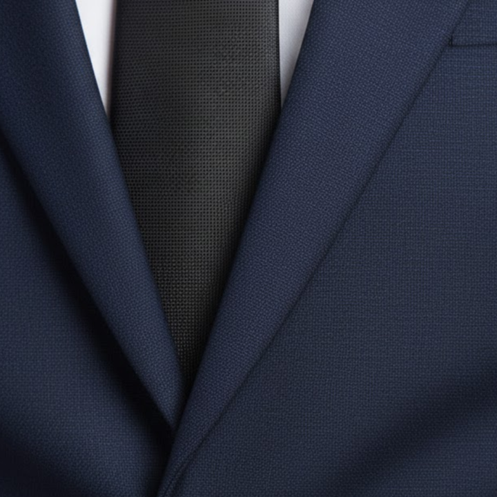 A man in a tailored blue suit stands confidently on a cobblestone street, showing elegance and modern style.

