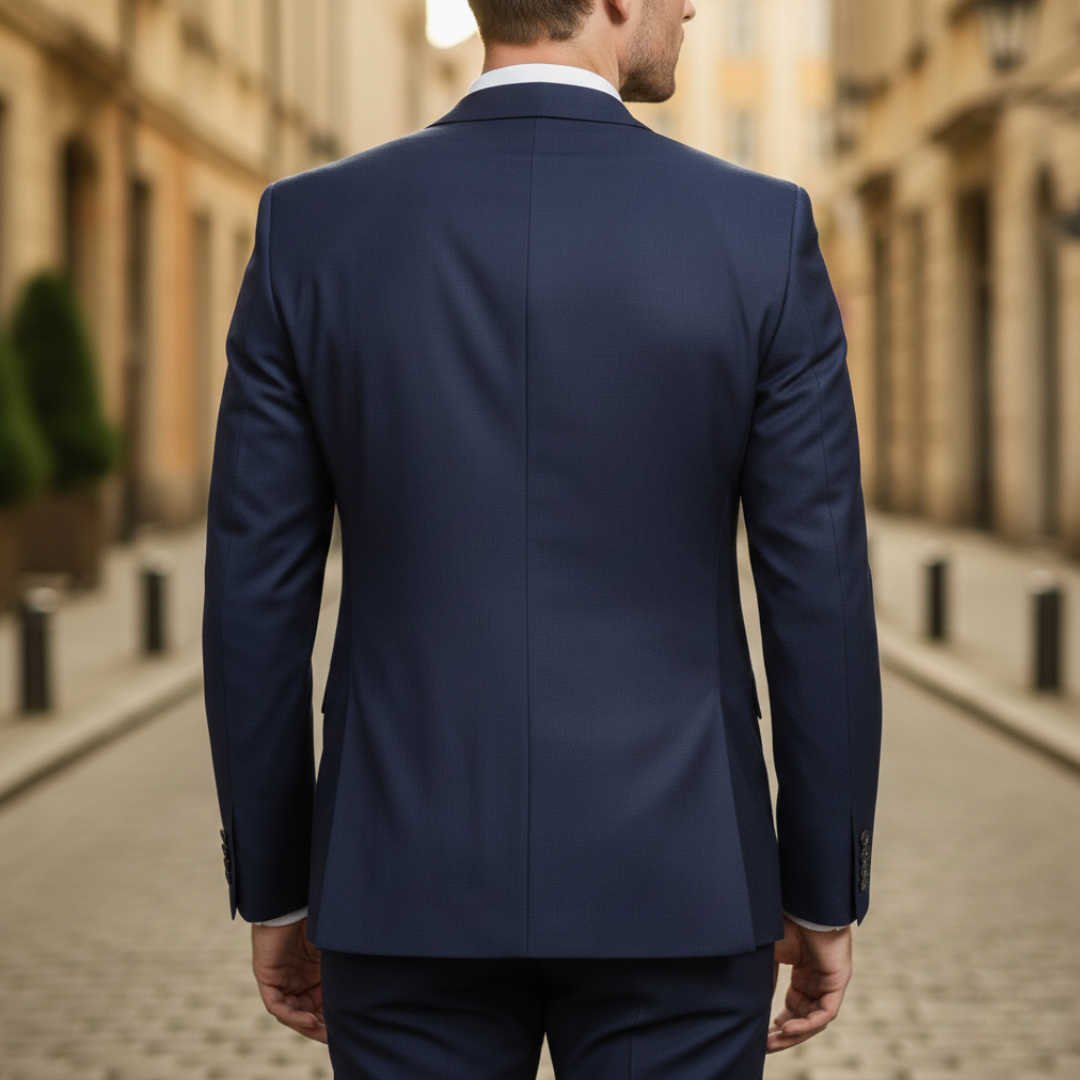 A man in a tailored blue suit stands confidently on a cobblestone street, showing elegance and modern style.


