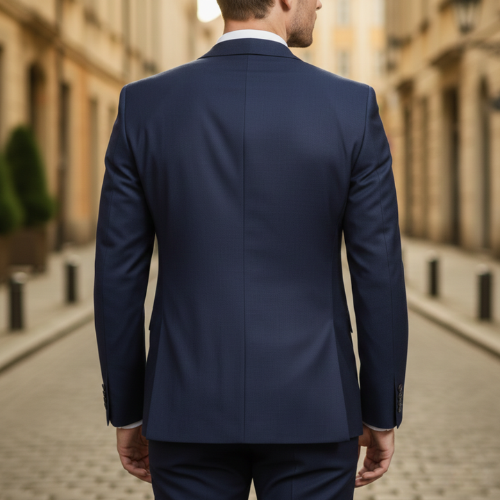 A man in a tailored blue suit stands confidently on a cobblestone street, showing elegance and modern style.

