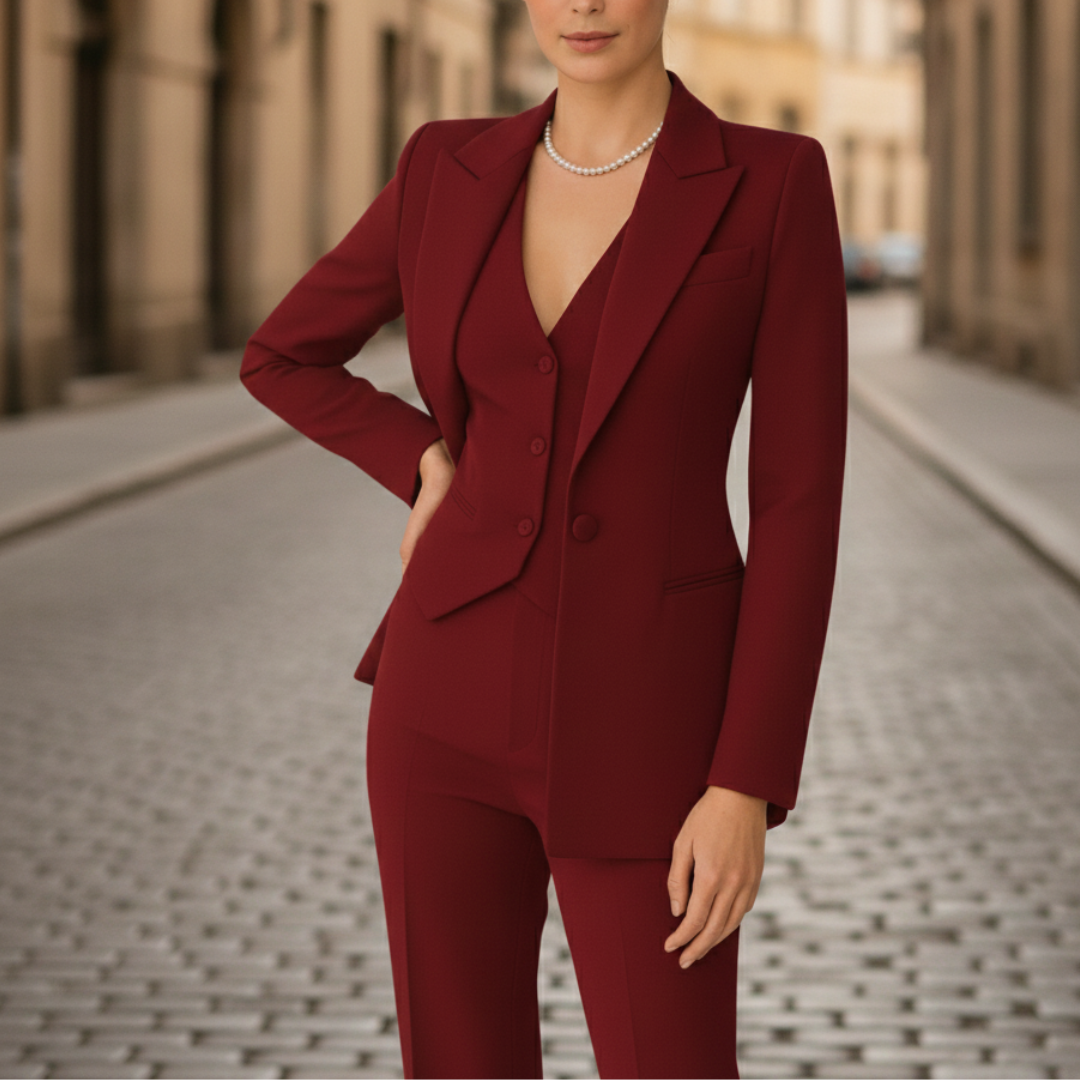 A woman in a red tailored suit with buttons, that gives elegance and confidence in a formal setting.