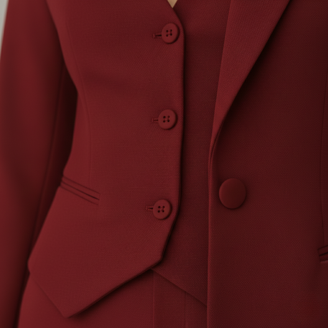 A woman in a red tailored suit with buttons, that gives elegance and confidence in a formal setting.