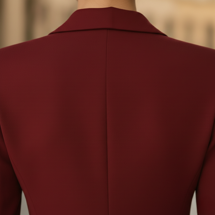 A woman in a red tailored suit with buttons, that gives elegance and confidence in a formal setting.